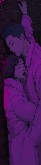 Free dark romance bookmark featuring a purple-toned Asian couple in a dark theme